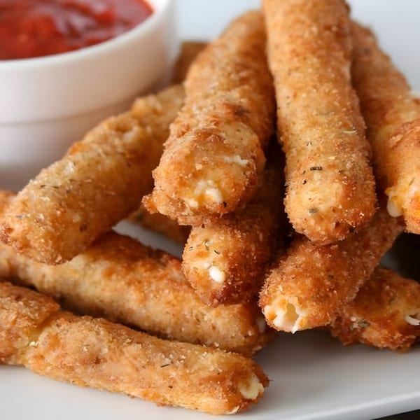Crispy R Burger N Wings mozzarella sticks with a side of red dipping sauce.