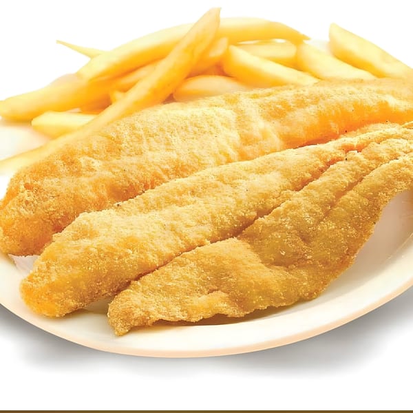 Golden-brown fried fish fillets and french fries on a white plate from R Burger N Wings.