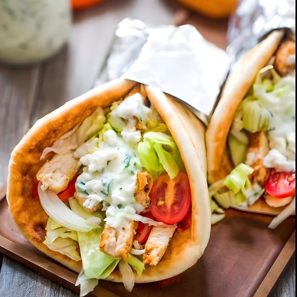 Two chicken gyros with lettuce, tomatoes, onions, and white sauce on a wooden tray.